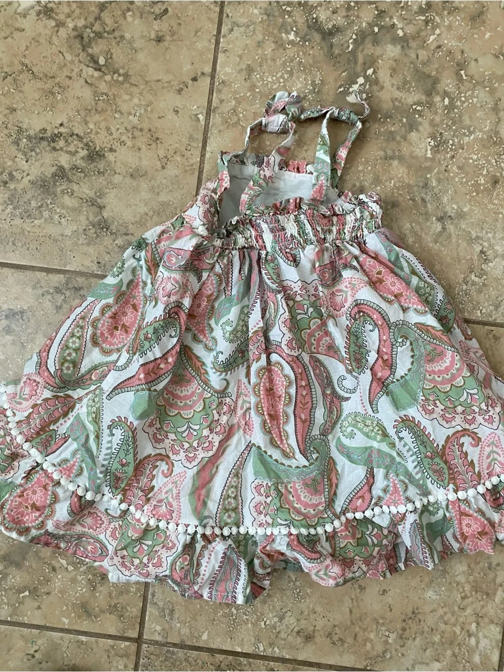 Haute Hippie Boho Girls Paisley Pompom Trim Pink Mint Adorable Summer Dress 2T